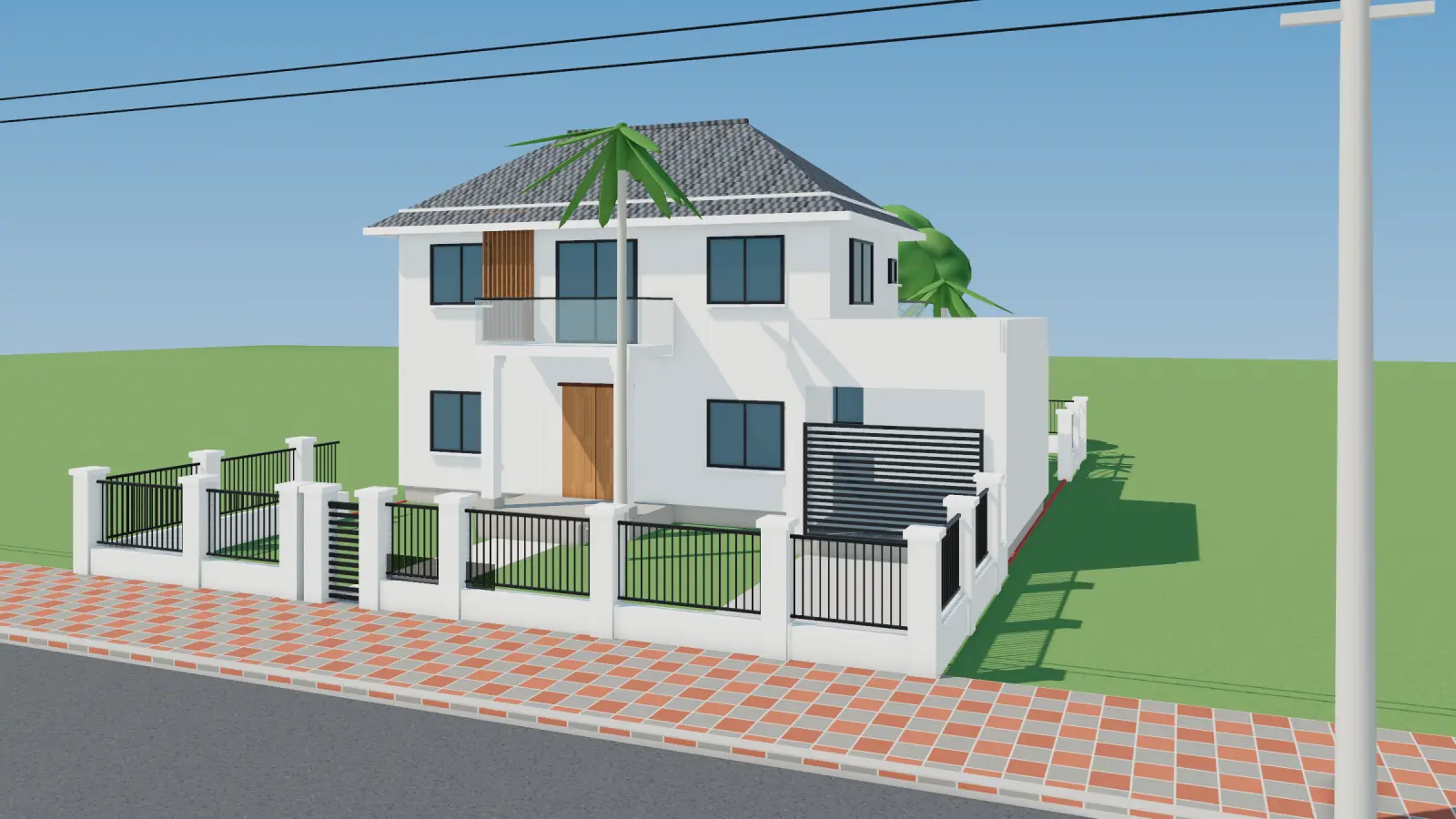 Biệt thự 2 tầng mái Thái ngói xám, sảnh hai cột, gara bên hông, sân vườn có cau