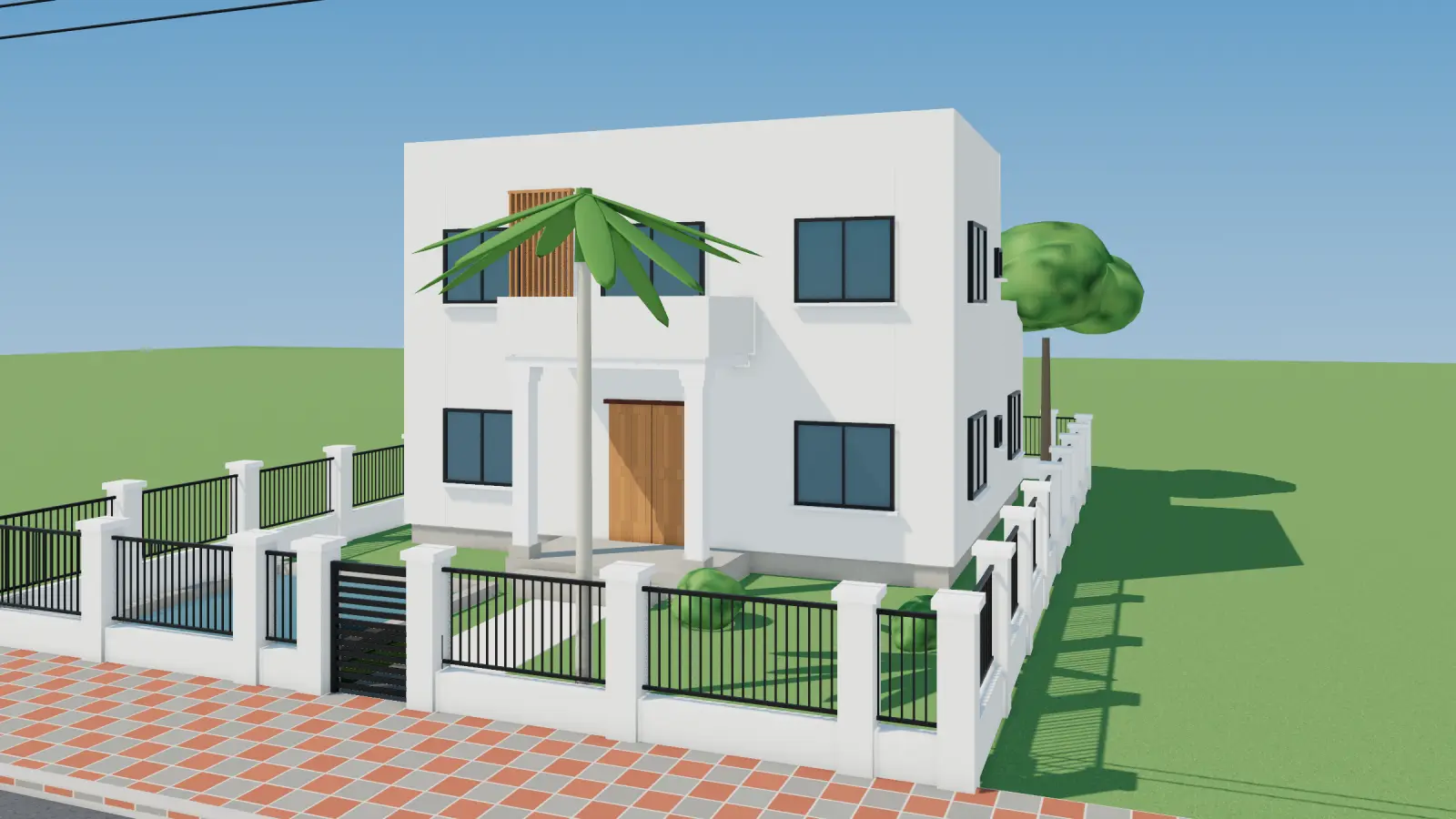 Biệt thự hiện đại 2 tầng mái bằng, khối tầng trên đua ra, lam gỗ, kính lớn, hồ cá trước nhà