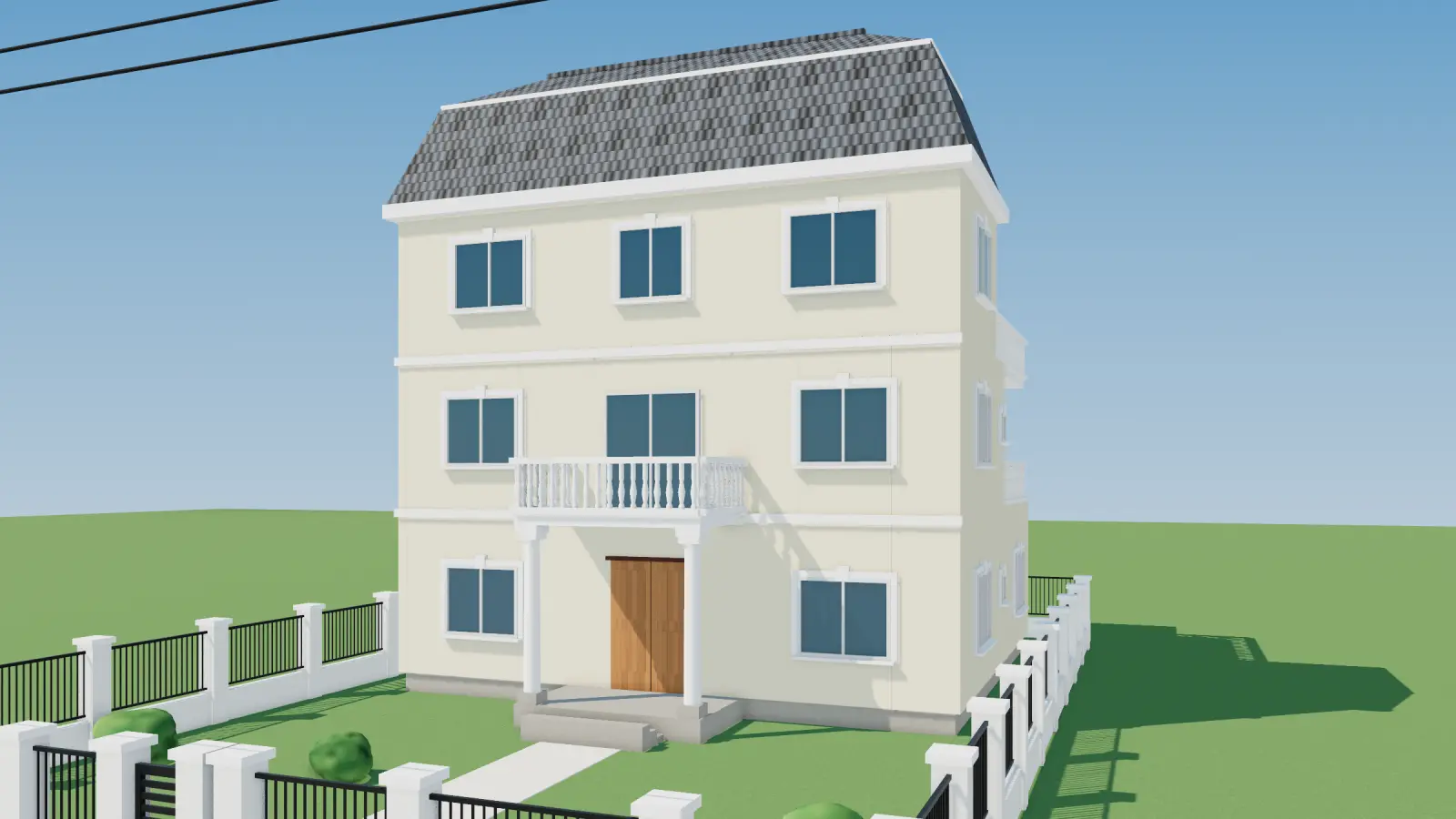 Biệt thự tân cổ điển 3 tầng, mái Mansard có cửa sổ mái, hàng cột và trán tường, đài phun nước trước sân