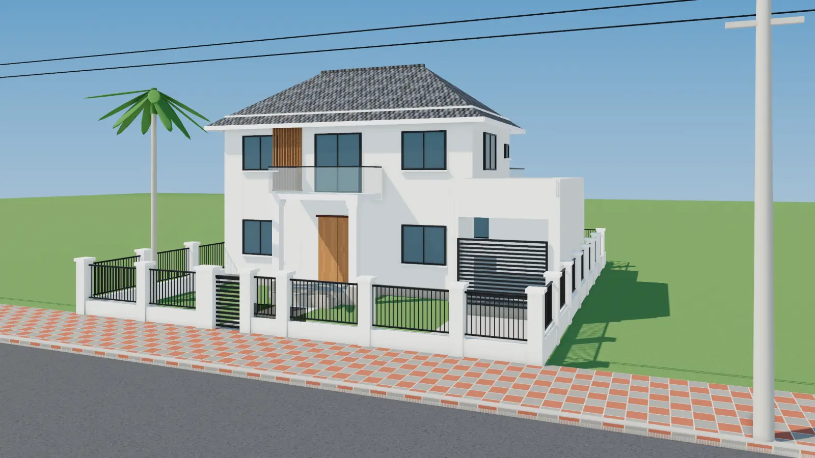 3D render of a two-storey hip-roof villa with garage