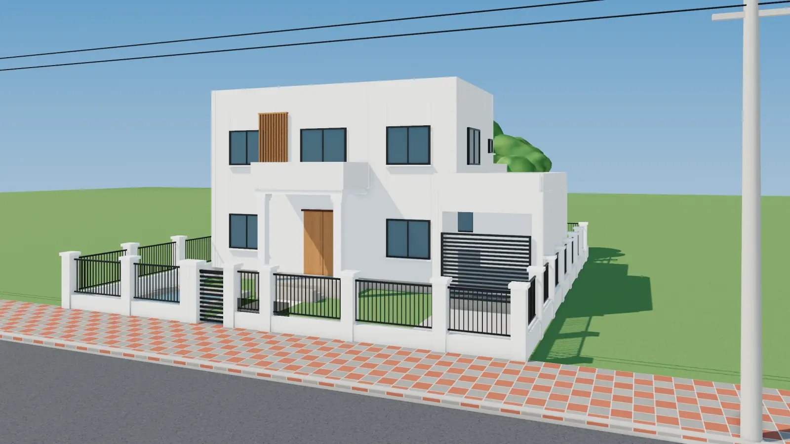 3D render of a modern two-storey villa with koi pond