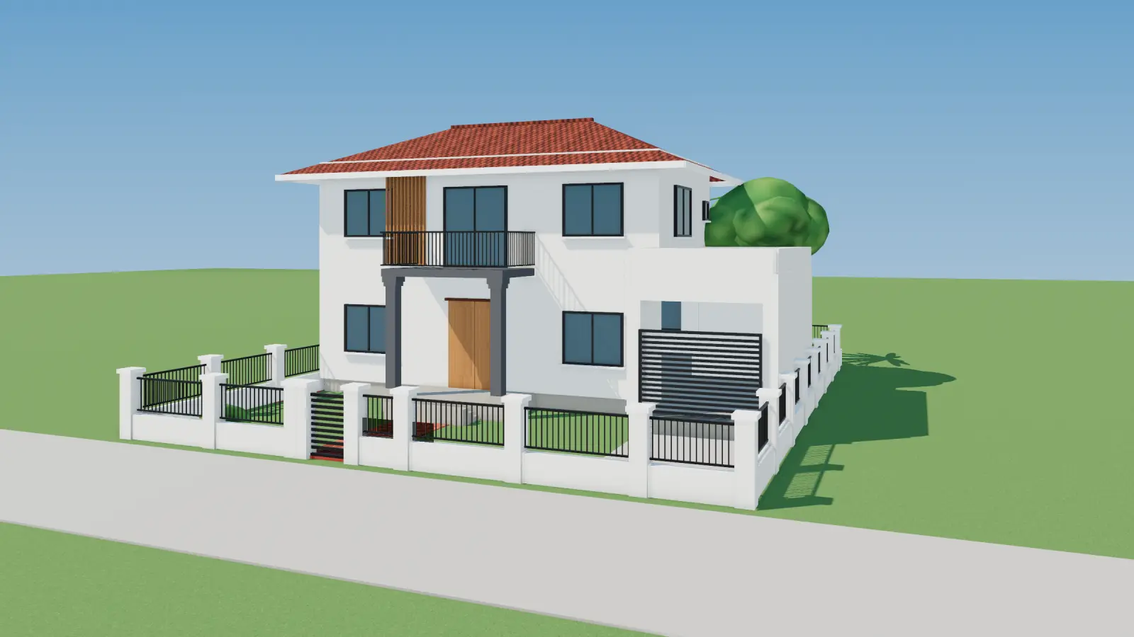 3D render of a two-storey Japanese-roof house with garage