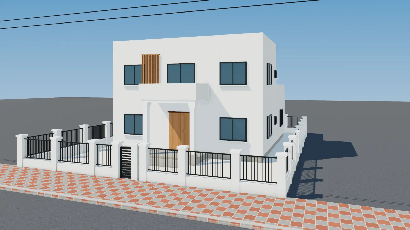 Phối cảnh 3D biệt thự mini 2 tầng sân lát đá, không sân vườn