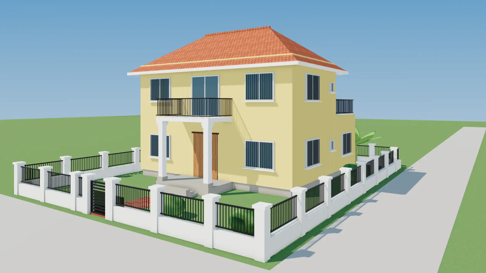 Phối cảnh 3D nhà 2 tầng mái Thái lô góc ở quê