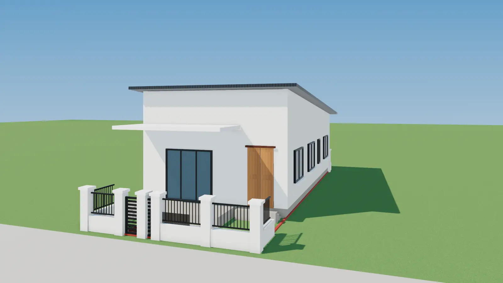 Nhà cấp 4 hiện đại mái lệch lợp tôn, tường gạch thẻ, cửa kính lớn, sàn gỗ trước nhà