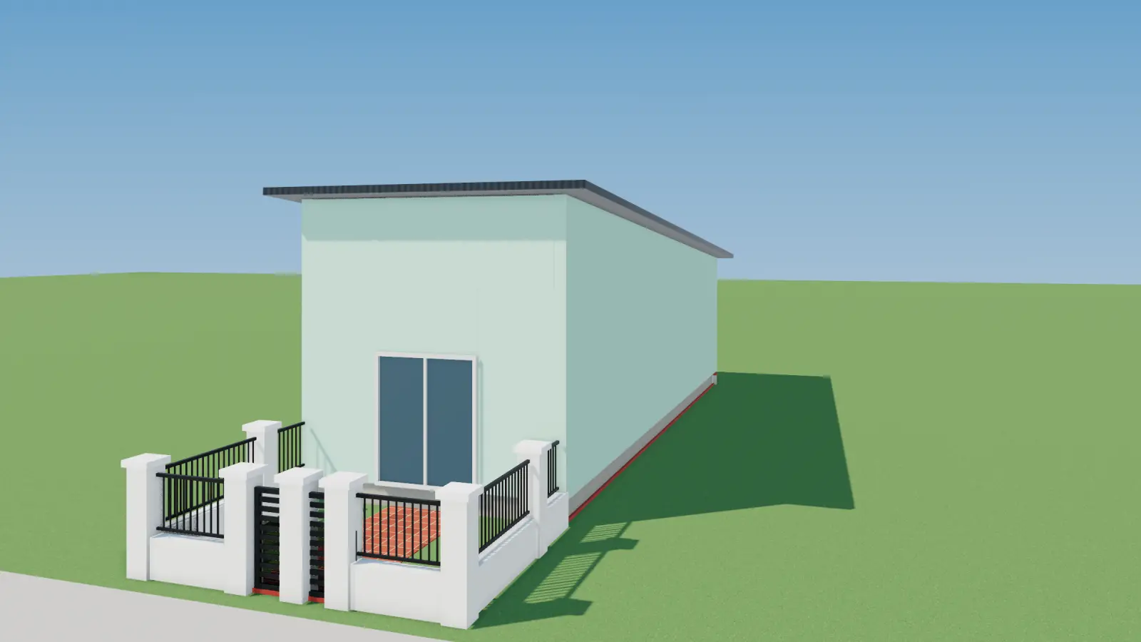 3D render of a single-storey tube house with metal roof
