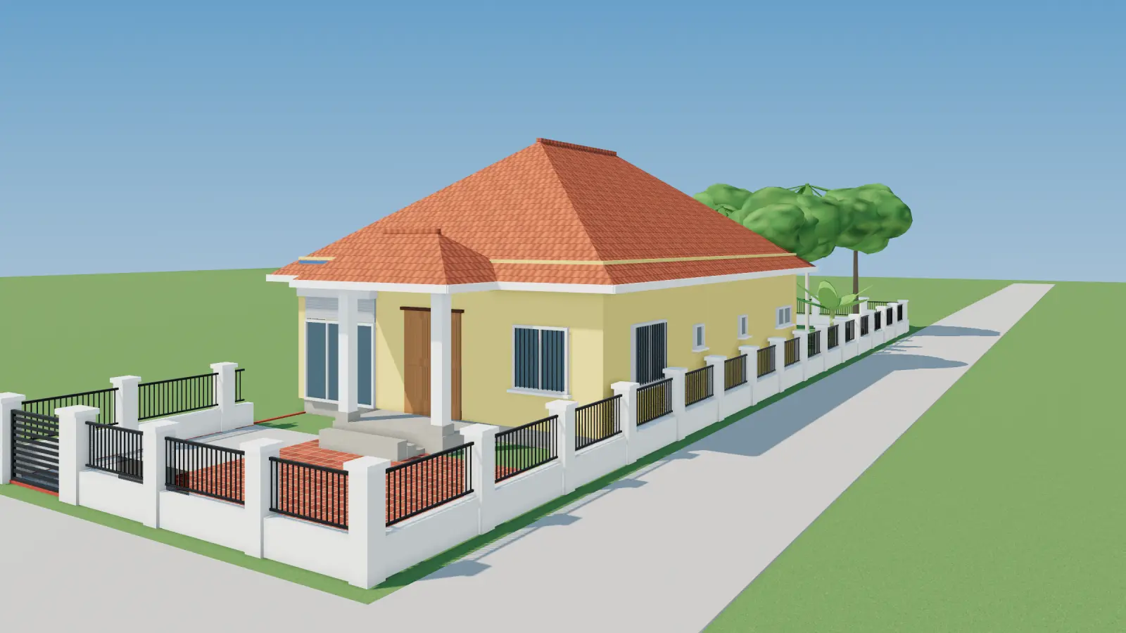 Phối cảnh 3D nhà cấp 4 lô góc kết hợp cửa hàng