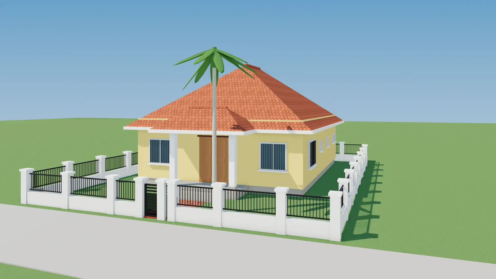 3D render of a single-storey hip-roof house with garden