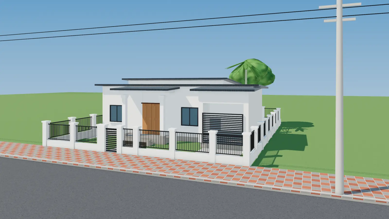 Phối cảnh 3D nhà cấp 4 mái lệch hiện đại có gara