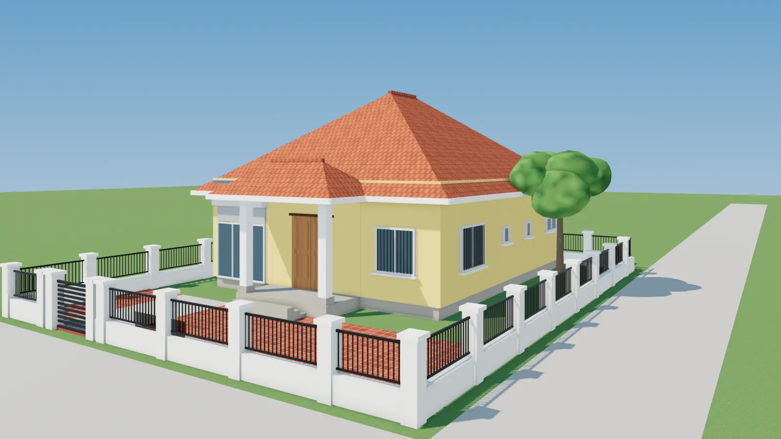 3D render of a single-storey corner house with a grocery shop