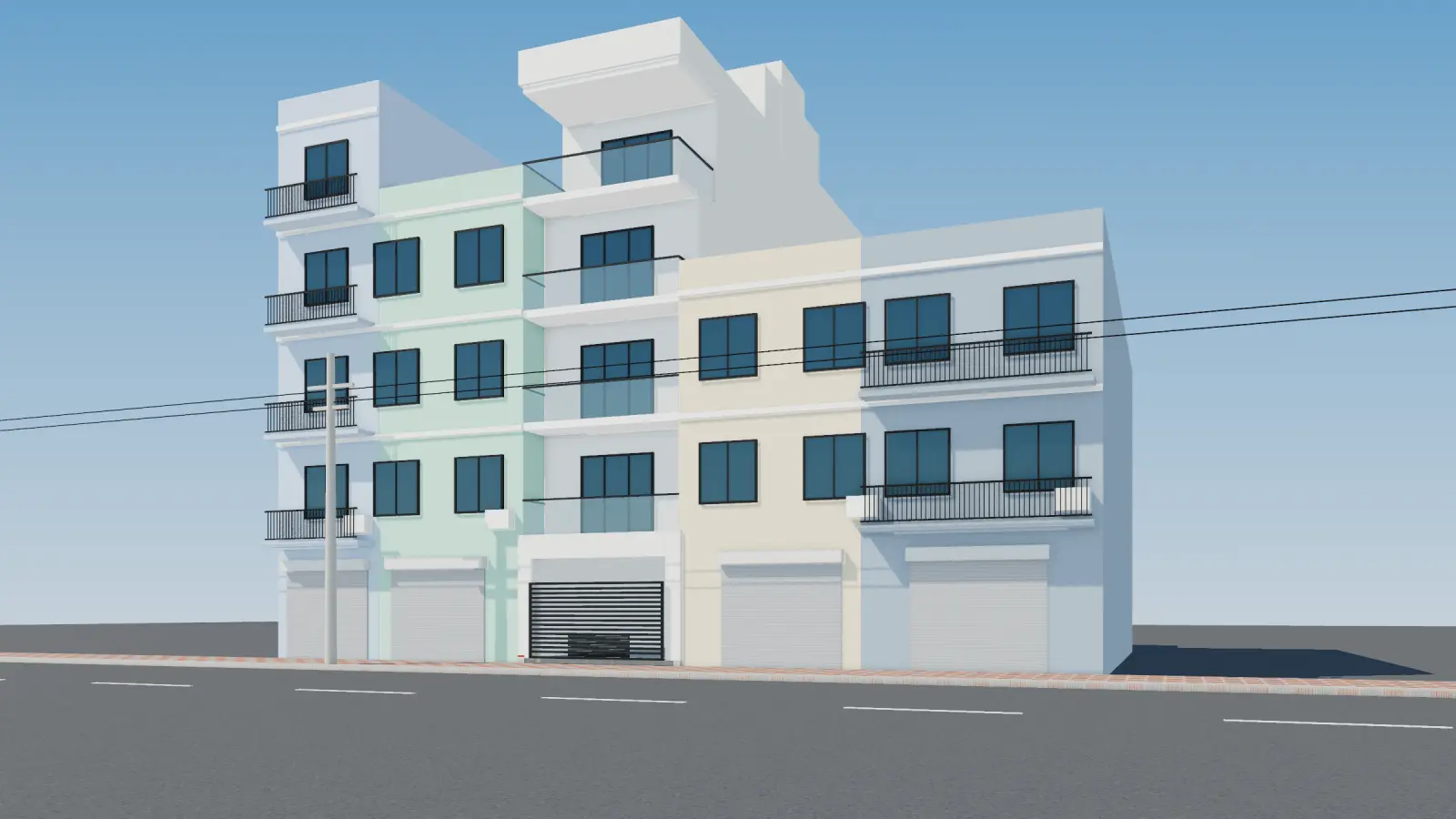 3D render of a five-storey townhouse with rental rooms