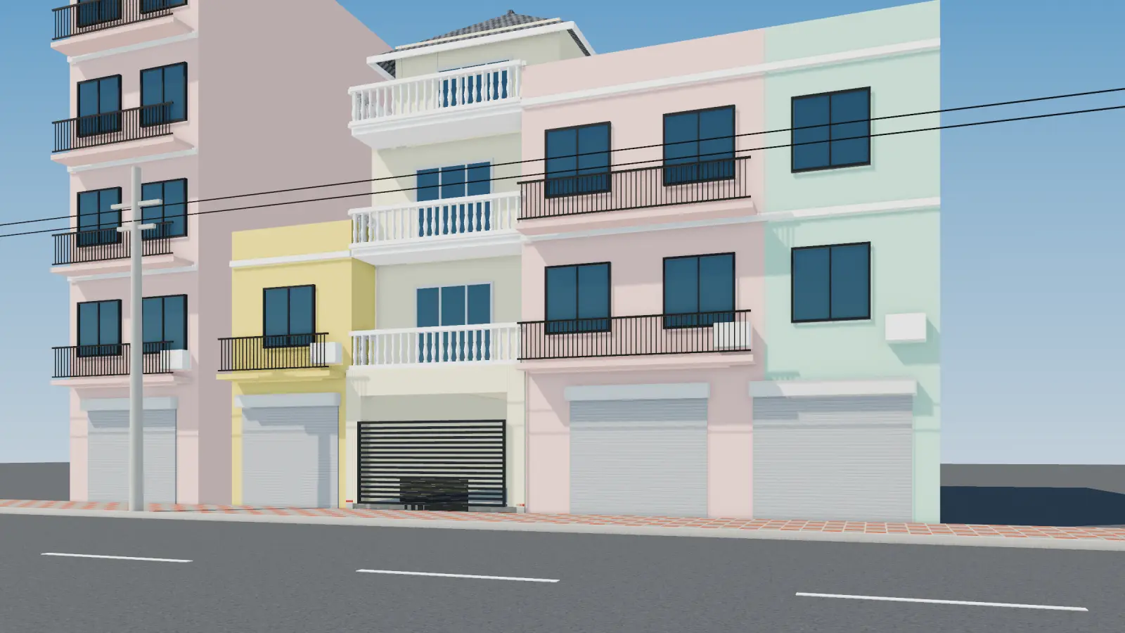 3D render of a four-storey neoclassical townhouse with hip roof