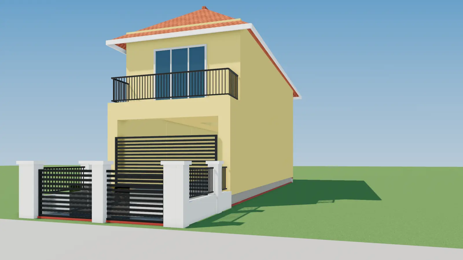 Phối cảnh 3D nhà ống 2 tầng mái Thái có sân trước