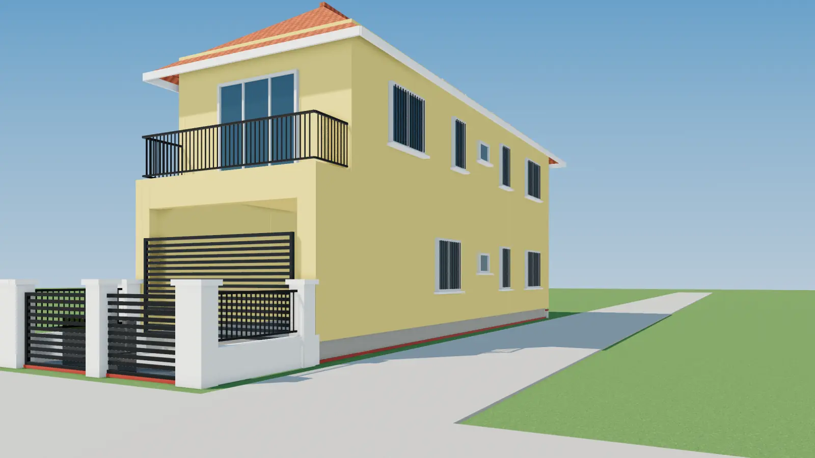 Phối cảnh 3D nhà ống lô góc 2 tầng ở quê