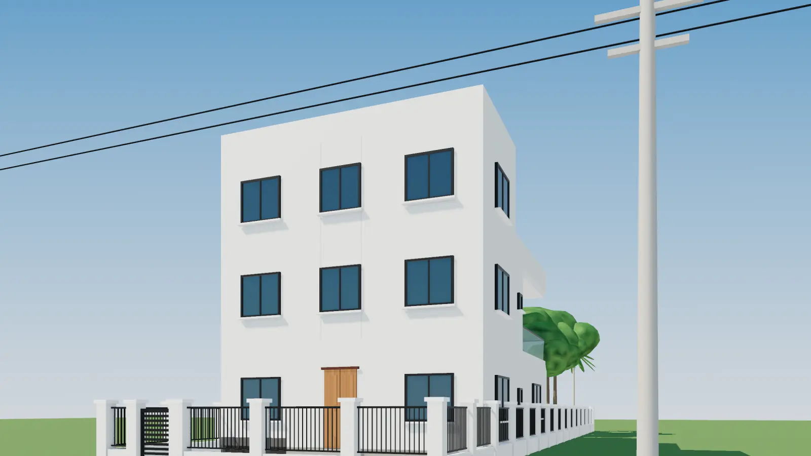 Phối cảnh 3D nhà phố 3 tầng mặt tiền 10 m có vườn sau