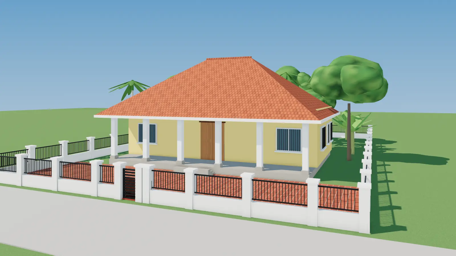Nhà vườn 1 tầng mái ngói đỏ, hiên rộng sáu cột gỗ, cửa chớp, sân gạch đỏ, hàng cau và chậu cảnh