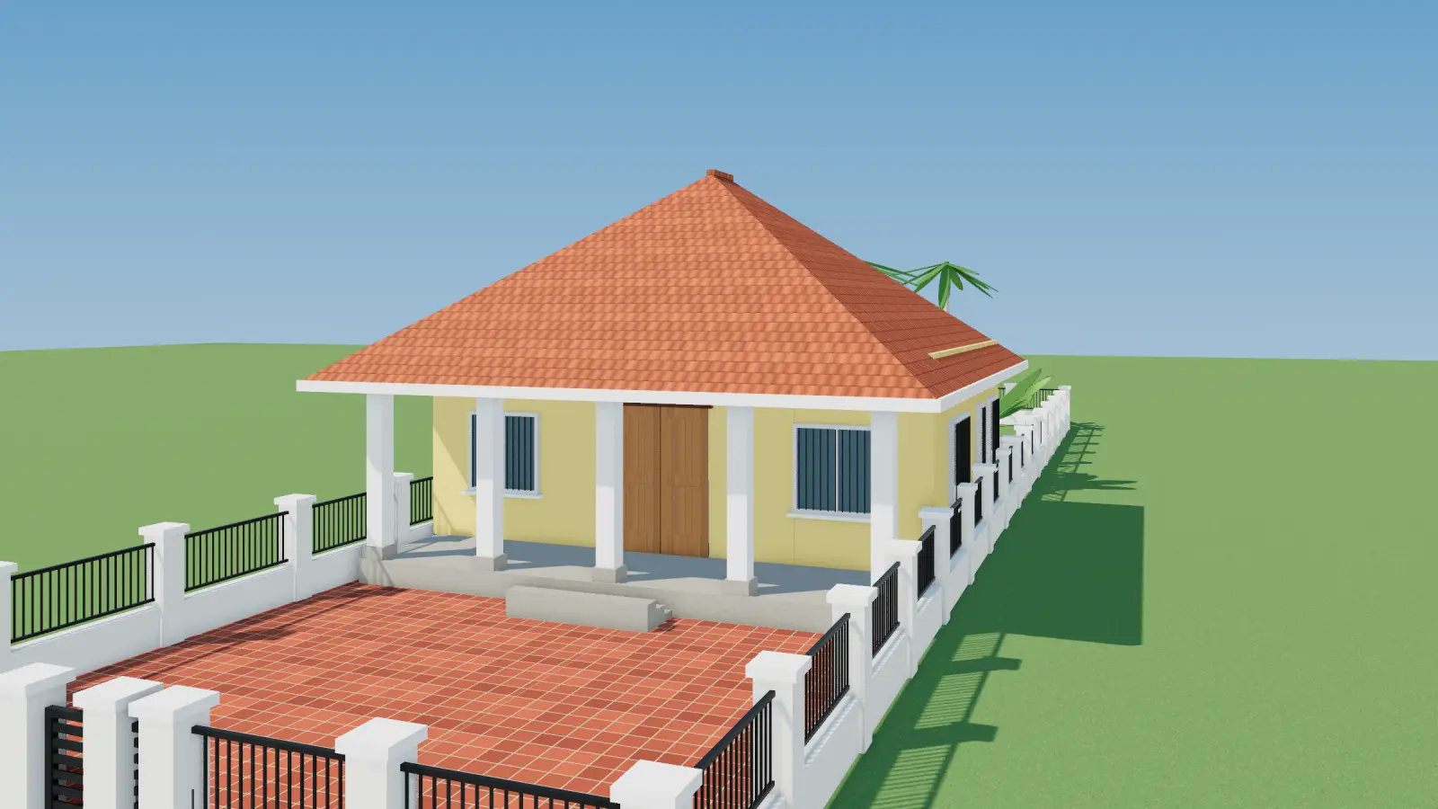 Phối cảnh 3D nhà vườn cấp 4 mái Thái có ao cá