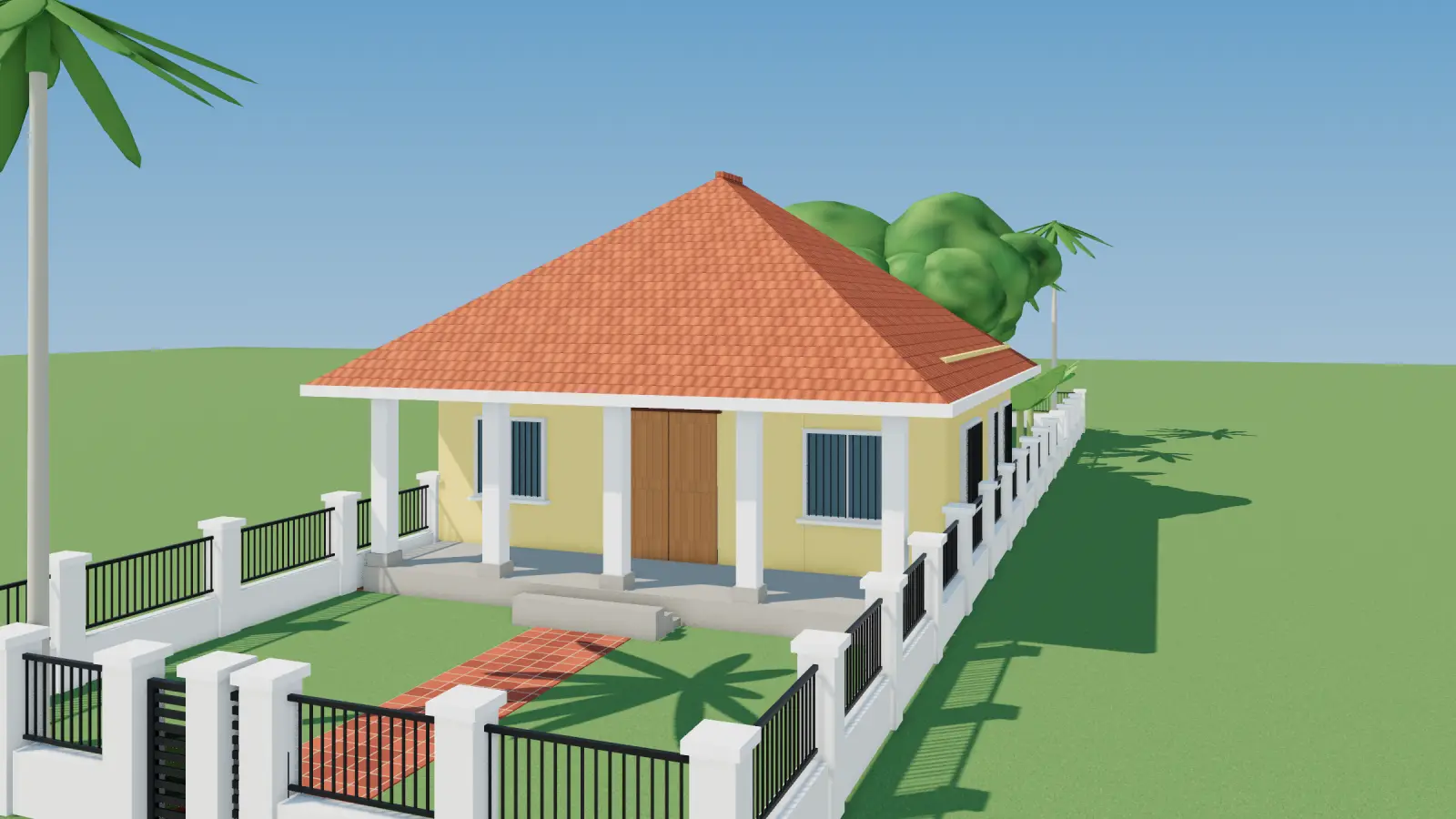 3D render of a garden house with wide veranda and orchard