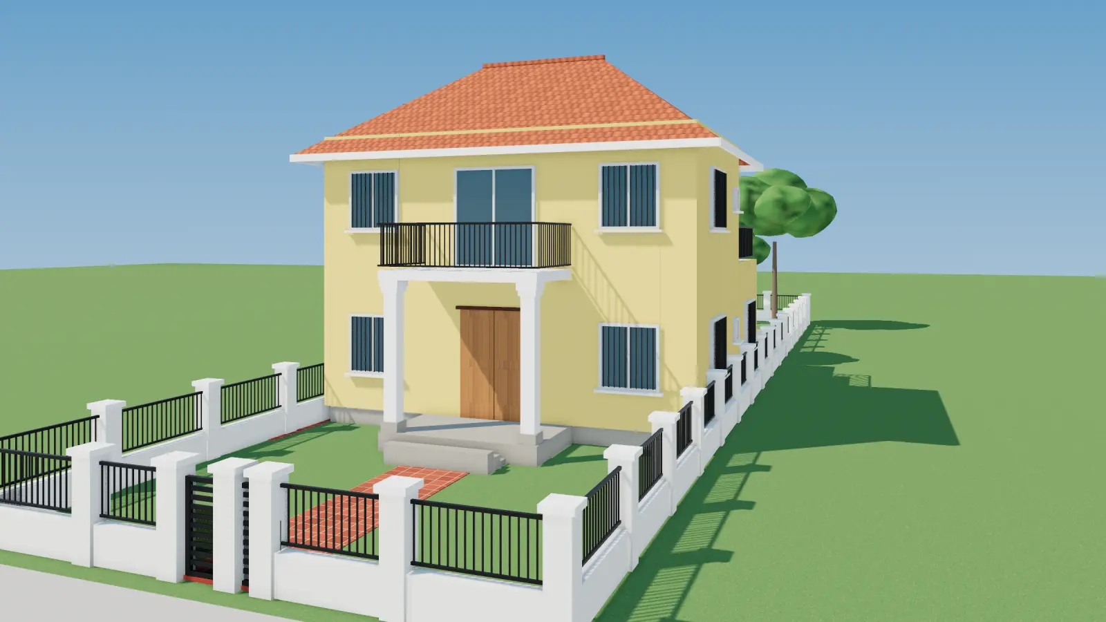 Phối cảnh 3D nhà 2 tầng mái Thái có ao và vườn cây