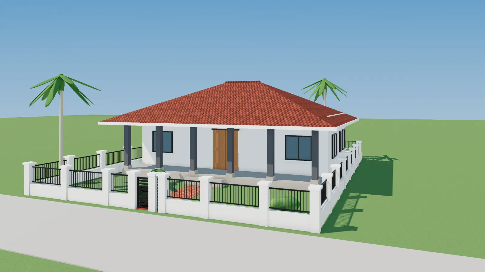 3D render of a single-storey Japanese-roof garden house with fish pond
