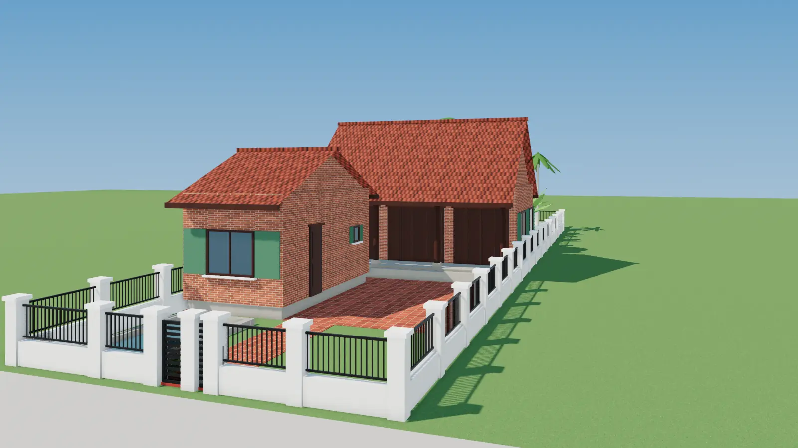 3D render of a three-bay house with kitchen house, brick yard and pond