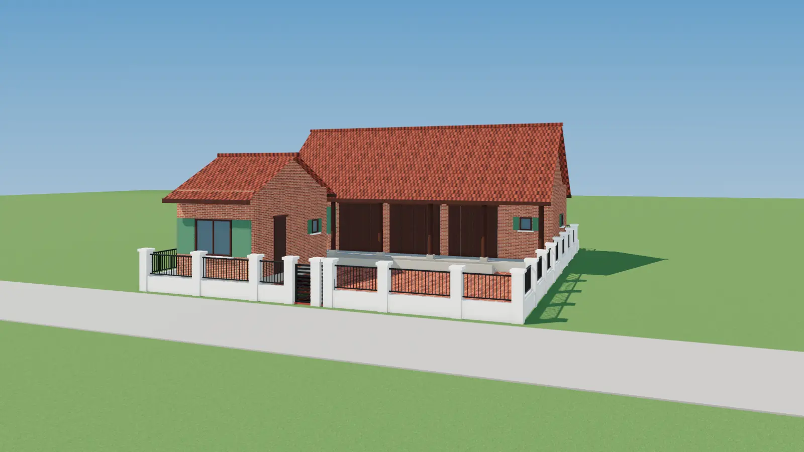 Phối cảnh 3D nhà 3 gian 2 chái, nhà ngang và sân gạch