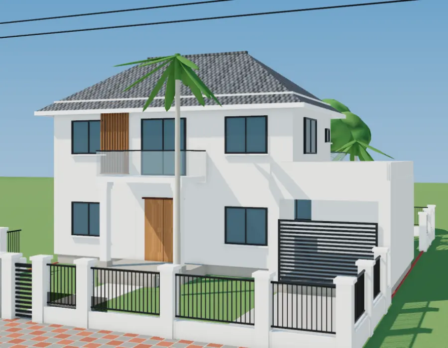 Biệt thự 2 tầng mái Thái ngói xám, sảnh hai cột, gara bên hông, sân vườn có cau