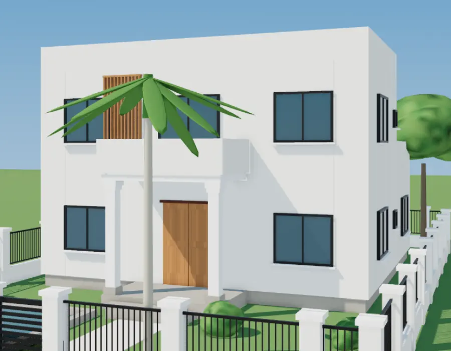 Biệt thự hiện đại 2 tầng mái bằng, khối tầng trên đua ra, lam gỗ, kính lớn, hồ cá trước nhà