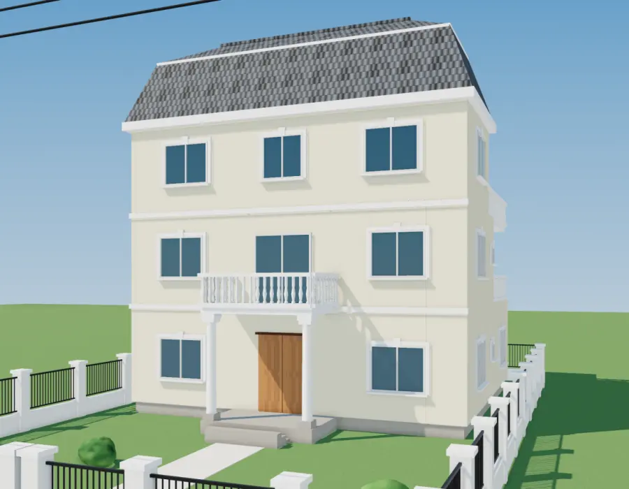 Biệt thự tân cổ điển 3 tầng, mái Mansard có cửa sổ mái, hàng cột và trán tường, đài phun nước trước sân