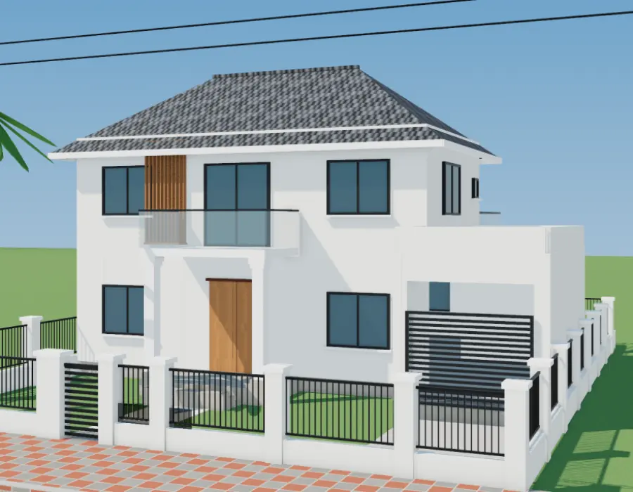 Phối cảnh 3D biệt thự 2 tầng mái Thái có gara