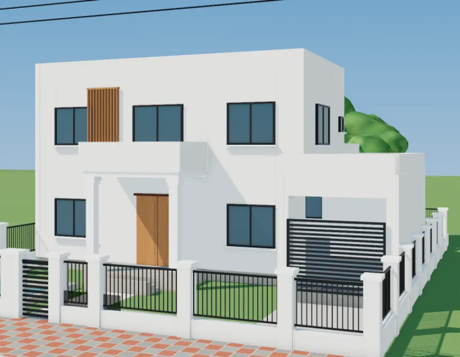 Phối cảnh 3D biệt thự hiện đại 2 tầng có hồ cá koi