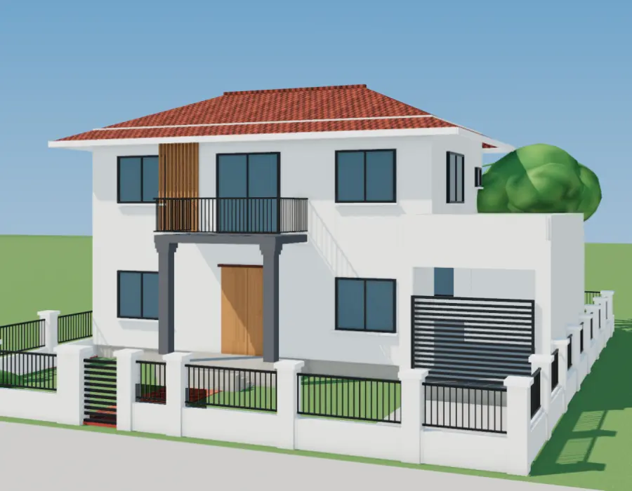Phối cảnh 3D nhà mái Nhật 2 tầng có gara