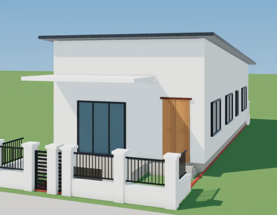 Nhà cấp 4 hiện đại mái lệch lợp tôn, tường gạch thẻ, cửa kính lớn, sàn gỗ trước nhà