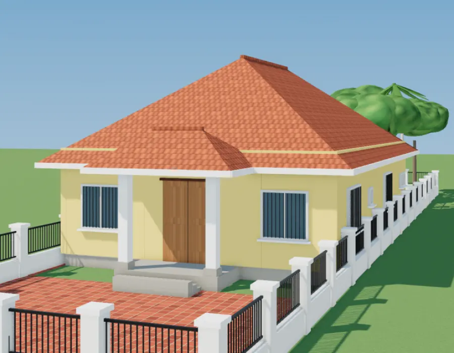 Phối cảnh 3D nhà cấp 4 mái Thái 4 phòng ngủ