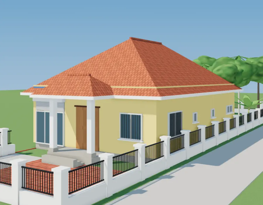 Phối cảnh 3D nhà cấp 4 lô góc kết hợp cửa hàng