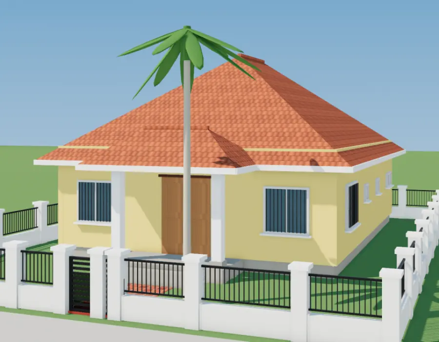 Phối cảnh 3D nhà cấp 4 mái Thái 3 phòng ngủ có sân vườn