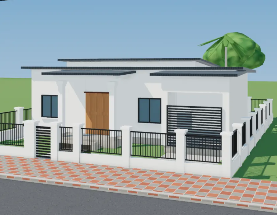 Phối cảnh 3D nhà cấp 4 mái lệch hiện đại có gara