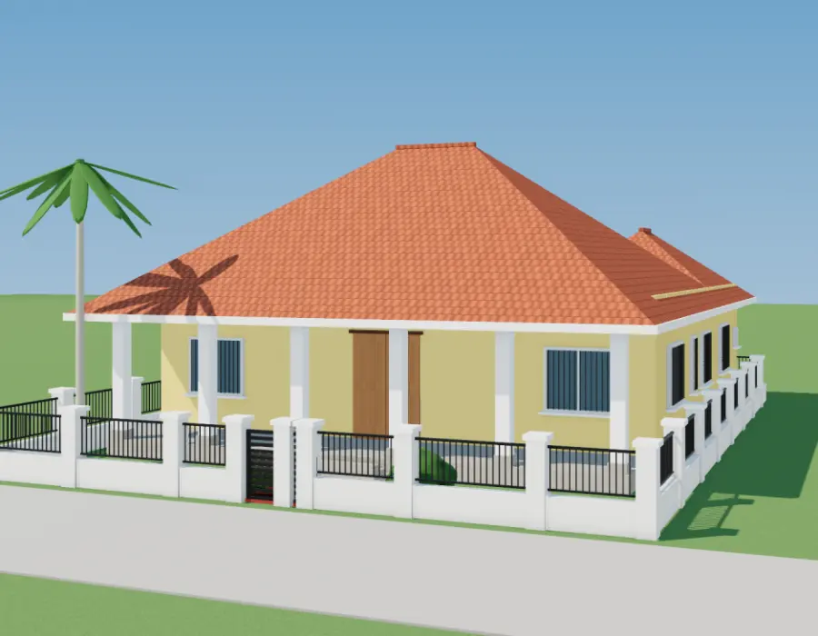 Phối cảnh 3D nhà cấp 4 chữ L mái Thái