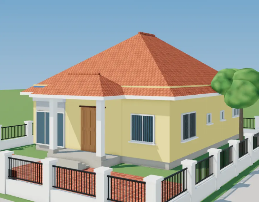 Phối cảnh 3D nhà cấp 4 lô góc kết hợp tạp hóa