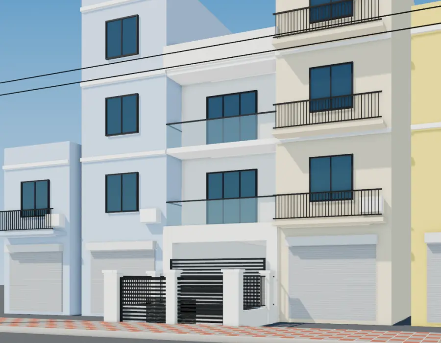 Phối cảnh 3D nhà phố liền kề 3 tầng có sân trước