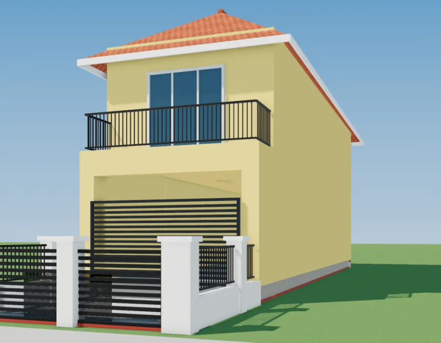Phối cảnh 3D nhà ống 2 tầng mái Thái có sân trước