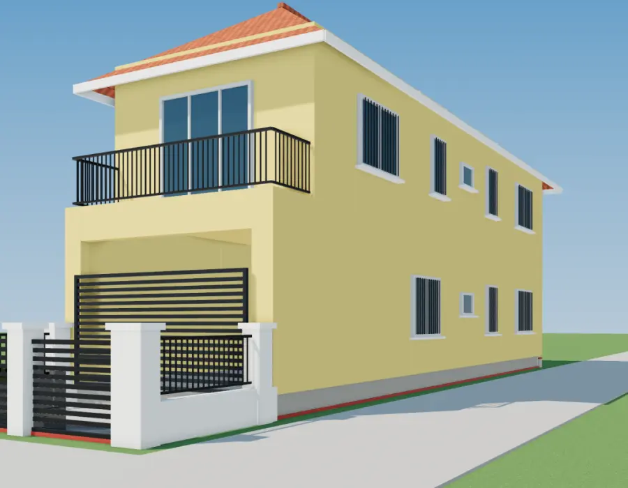 Phối cảnh 3D nhà ống lô góc 2 tầng ở quê