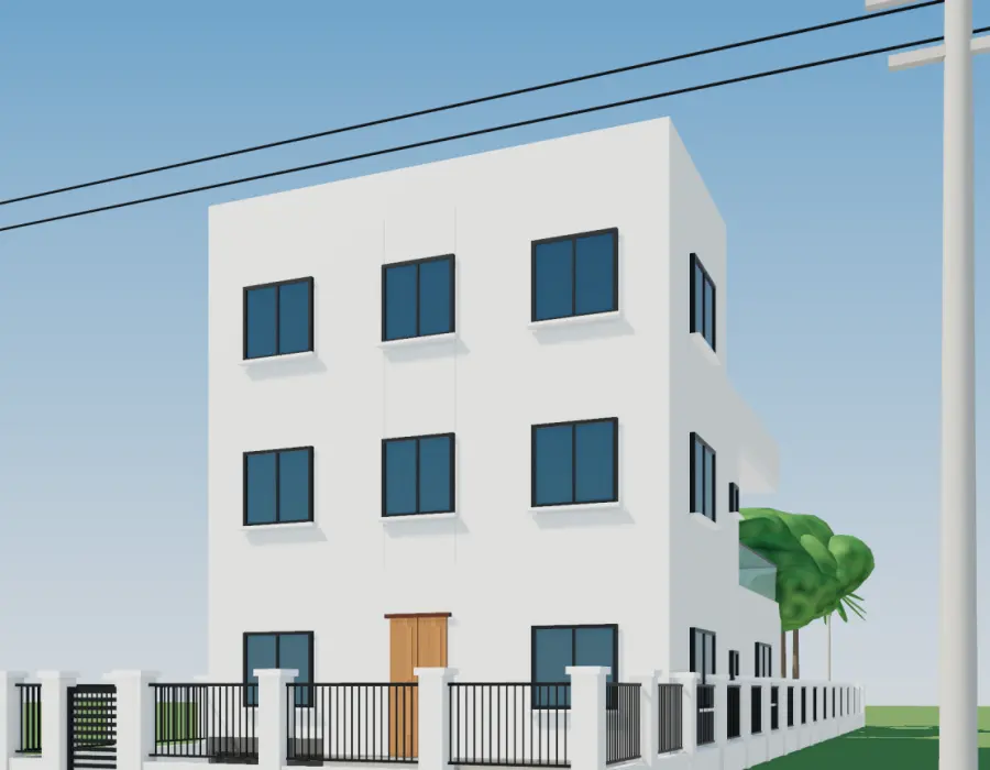 Phối cảnh 3D nhà phố 3 tầng mặt tiền 10 m có vườn sau