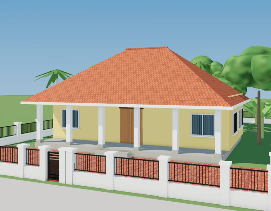 Nhà vườn 1 tầng mái ngói đỏ, hiên rộng sáu cột gỗ, cửa chớp, sân gạch đỏ, hàng cau và chậu cảnh