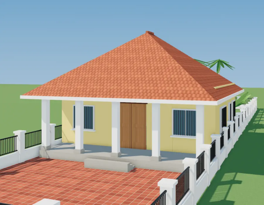 Phối cảnh 3D nhà vườn cấp 4 mái Thái có ao cá
