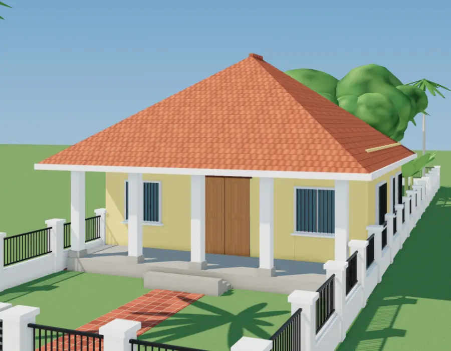 Phối cảnh 3D nhà vườn hiên rộng có vườn cây ăn trái