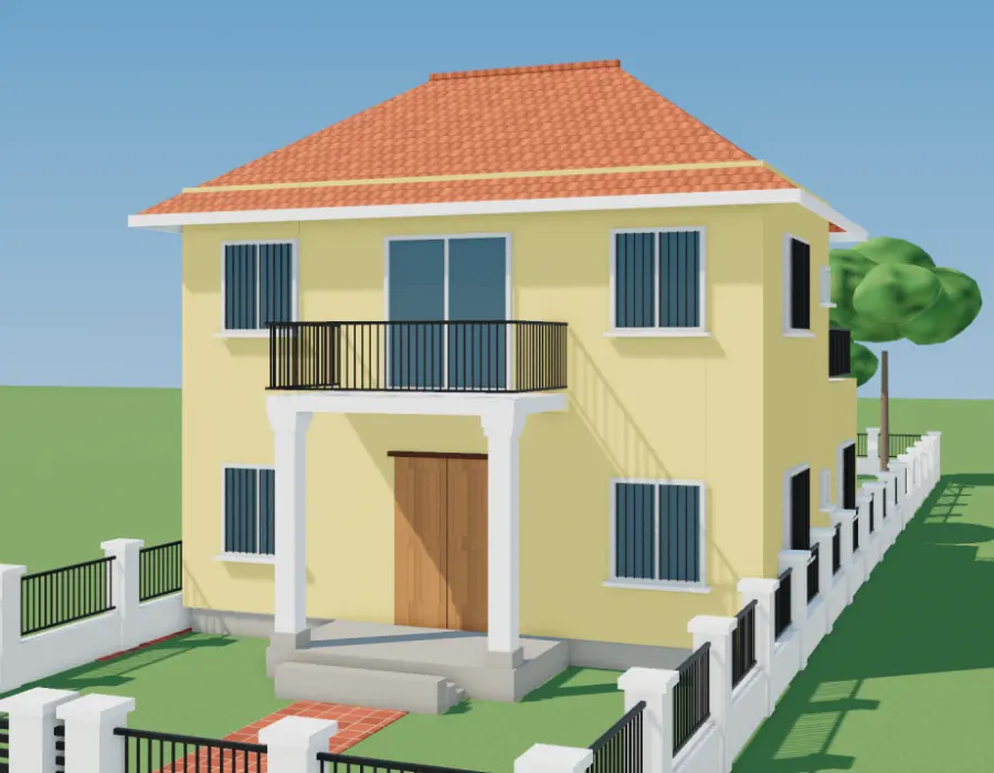 Phối cảnh 3D nhà 2 tầng mái Thái có ao và vườn cây