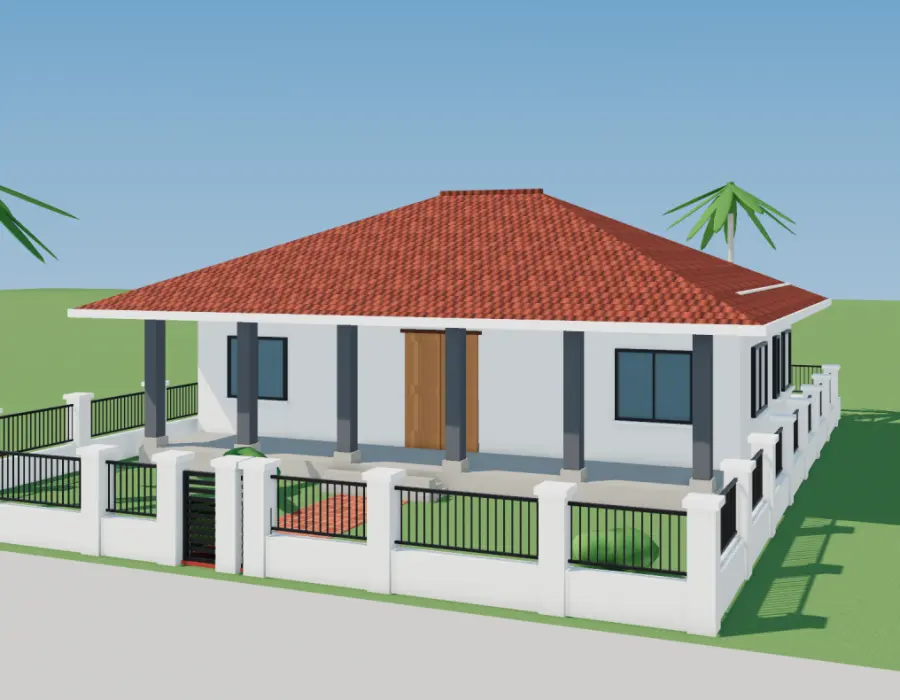 Phối cảnh 3D nhà vườn 1 tầng mái Nhật có hồ cá