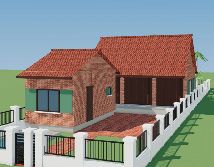 Phối cảnh 3D nhà 3 gian có nhà ngang, sân gạch và ao