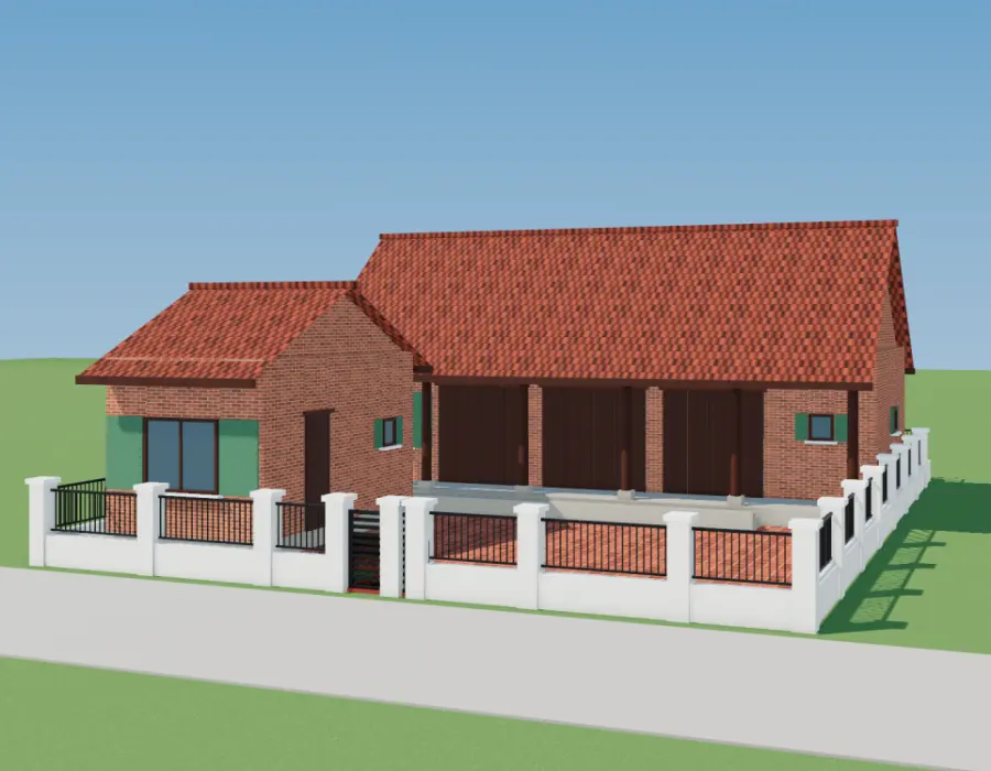 Phối cảnh 3D nhà 3 gian 2 chái, nhà ngang và sân gạch